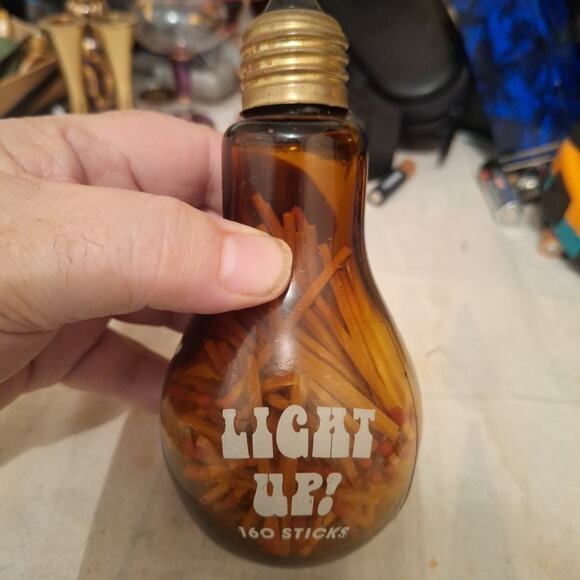 Vintage Amber Glass Light Bulb Match Stick Holder Mid Century Blown Glass 5.5” - Picture 1 of 5